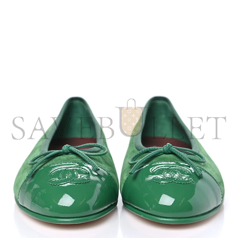 CHANEL SUEDE PATENT CAP TOE CC BALLERINA FLATS GREEN